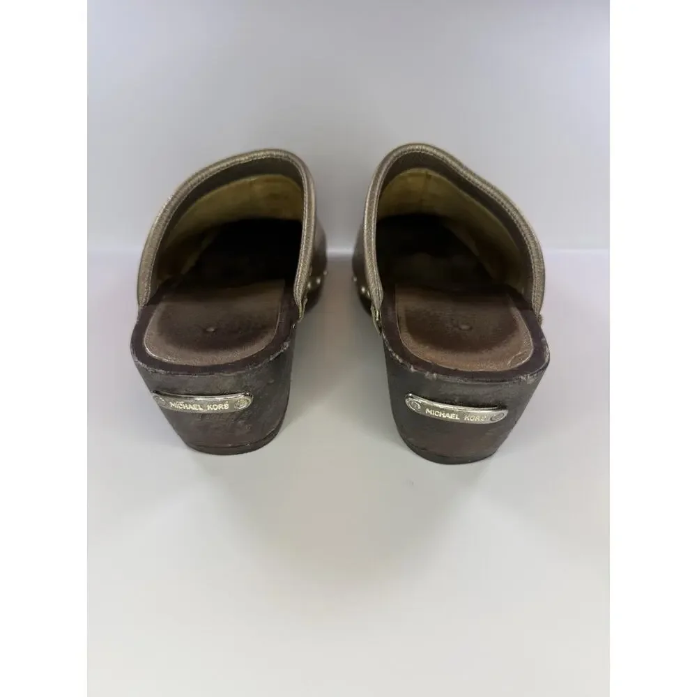 Michael Kors Gold Studded Leather Mule Wedge Heels Closed Toe Slip On 8 M